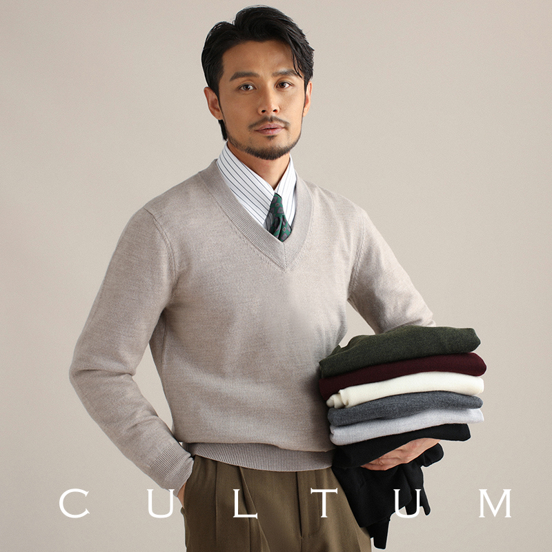 CULTUM 100%メリノウール Vネック 長袖セーター メンズ 秋冬 暖かい ビジネスカジュアル インナーウェア セーター