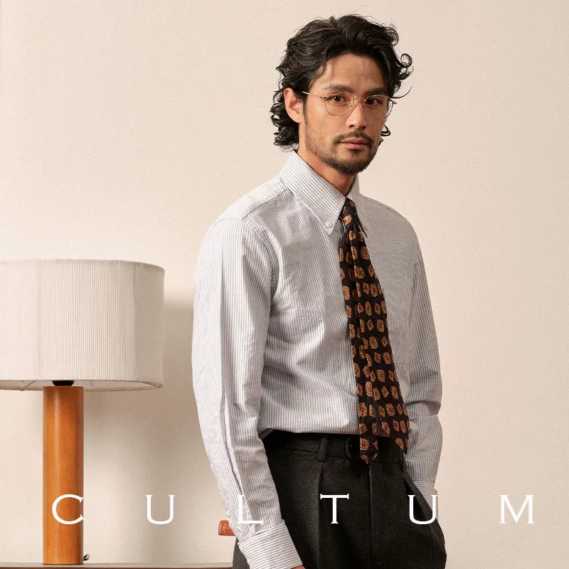 [Pure cotton Oxford] CULTUM washed striped button-down long-sleeved shirt men's retro college style shirt