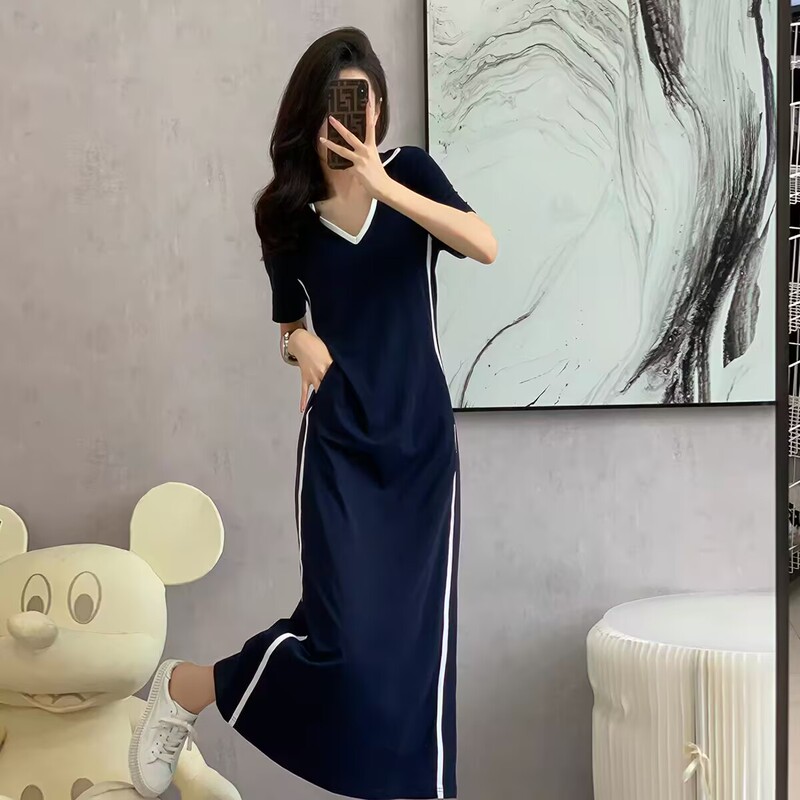 Summer New Style V Neck Loose Elegant Slimming T-Shirt Dress for Women, Mid-Length Plus Size Fashion Casual Color-Blocking Over-The-Knee Dress Summer New Style V Neck Loose Elegant Slimming T-Shirt Dress for Women, Mid-Length Plus Size Fashion Casual Color-Blocking Over-The-Knee Dress