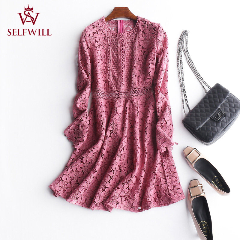 Temperament name Yuanyuan 22 Early spring new gentle ladies water soluble flower hollowed-out lace with a thin foreign dress 3 colors