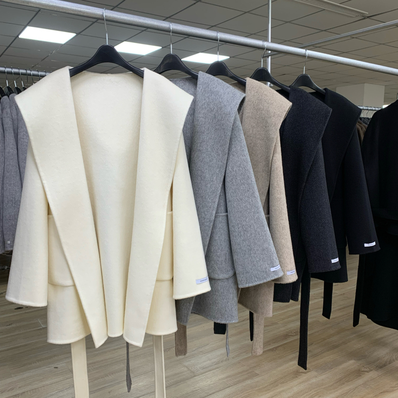 New Autumn and Winter Double-Sided Hand-Stitched Pure Wool Coat with Hood, Lace-Up, Loose Mid-Length Coat