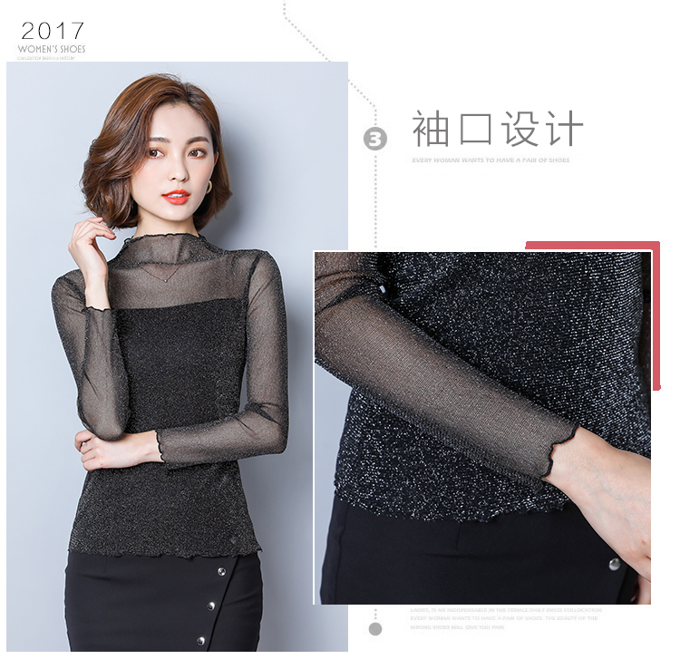 Mùa thu 2018 mới áo thun nữ Áo sơ mi ren Hàn Quốc áo sơ mi lưới dài tay cỡ lớn Áo sơ mi nữ nửa cổ cao áo dạ nữ