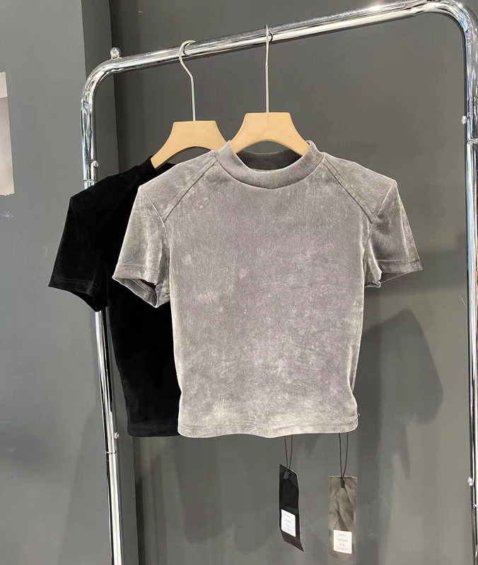 Dudu Short T-Shirt for Women, Short-Sleeved, Stylish Shoulder Pads, Velvet Base Shirt, Korean Style, 25 Spring/Summer New Sexy Top