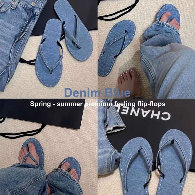 Versatile Denim Flip-Flops~ High-Fashion Korean-Style Flat Thong Sandals, a Popular Summer Item for Going Out
