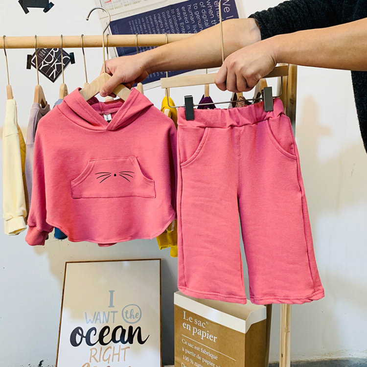 Spring new Korean version girl baby boy cute with cap suit sweatpants two sets red blue