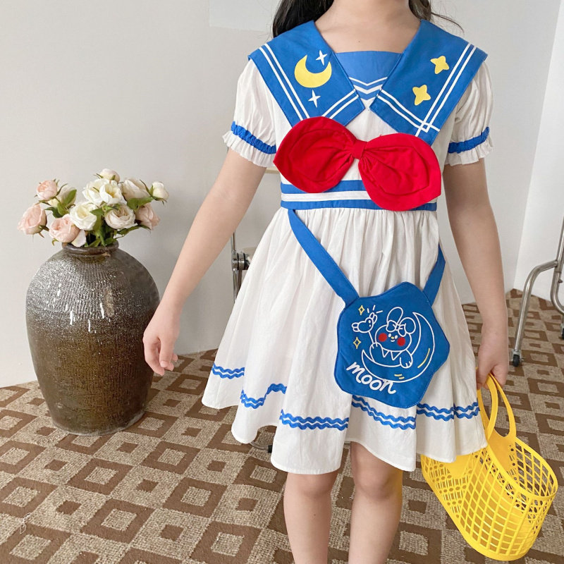 Children's clothing 2022 Summer college Turned Over Beauty Girl Printed Butterfly Knot Cartoon Fake Satchel Summer Foreign Dress Women Bao