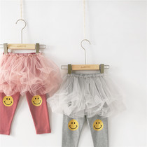 2019 spring and summer new girls pants 100 hitch a woman baby smiling face printed net yarn small skirt pants