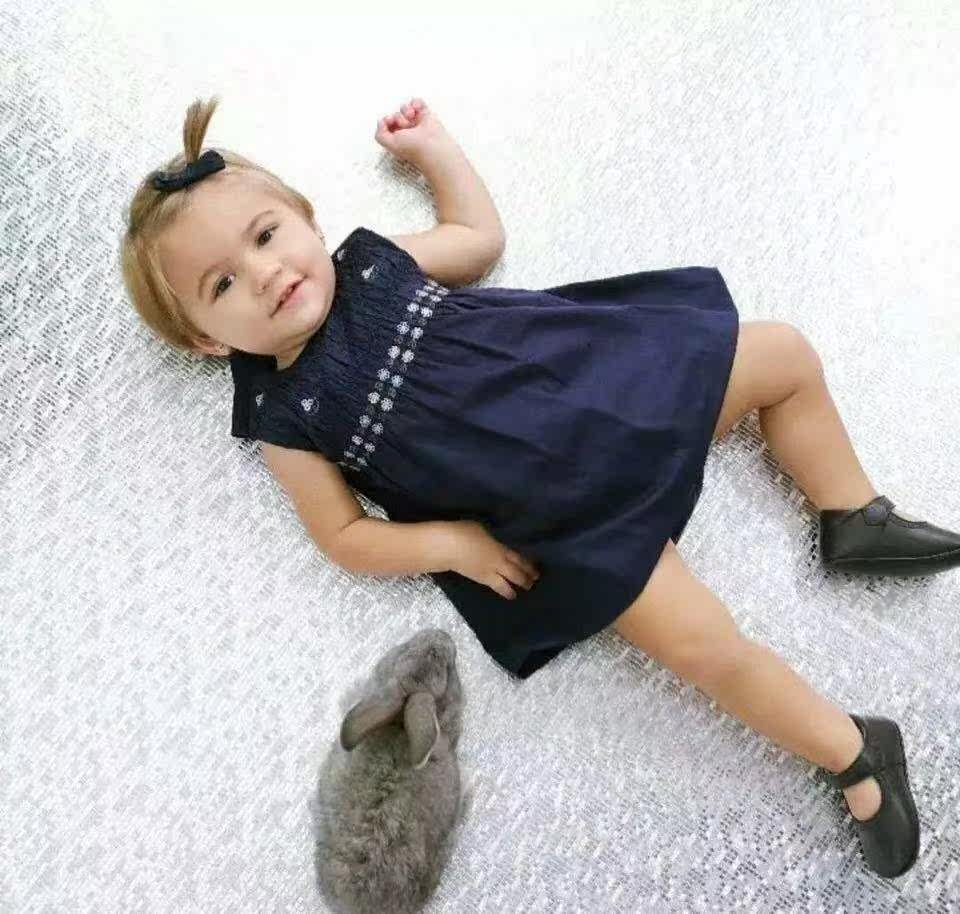 Summer new girl short sleeve Ocean dress Tibetan blue pure cotton belt embroidered dress baby baby skirt