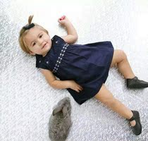 Summer new girl short sleeve one-piece dress hide cyan blue pure cotton belt embroidered dress baby baby skirt