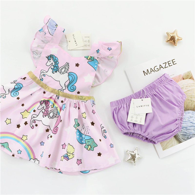 Summer new children's clothing Unicorn Pony Printed Skirt Flying Sleeve Pendant With Skirt Baby Pink Ocean Dress Shorts Suit