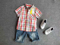 Clear Cabin New Summer Clothing Boy Knit Captiled Pure Cotton Shirt Short Sleeve Plaid Short Sleeve 100 Hitch