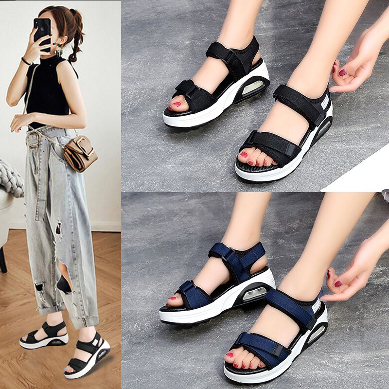 Roman sandals women's 2022 new summer all-match thick-soled sponge cake wedge with Velcro black sports casual shoes