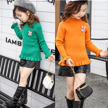 Girls sweater pullover autumn and winter little girl middle collar knitted sweater medium and large childrens winter clothing thickened Korean version of the bottoming shirt