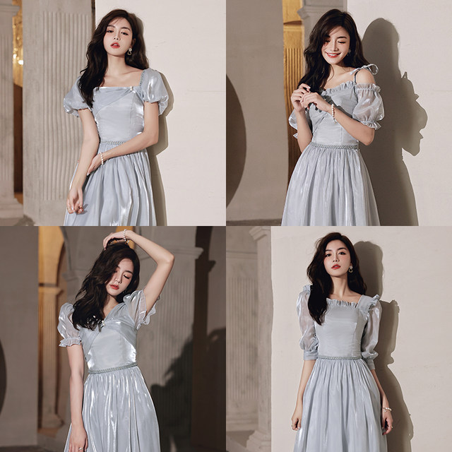 Gray bridesmaid dress 2021 new summer fairy temperament long section thin sister group evening dress skirt female simple atmosphere