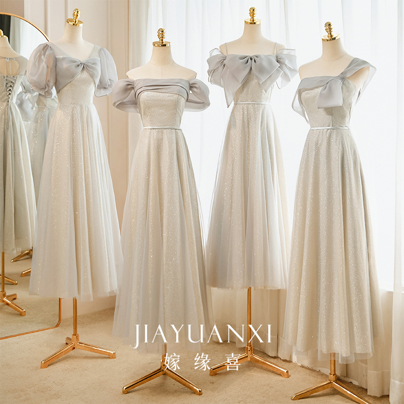 Gray Bridesmaid Dress 2026 New Spring and Summer High-End Niche Sister Group Dress Outdoor Petite Style Suitable for Everyday Wear