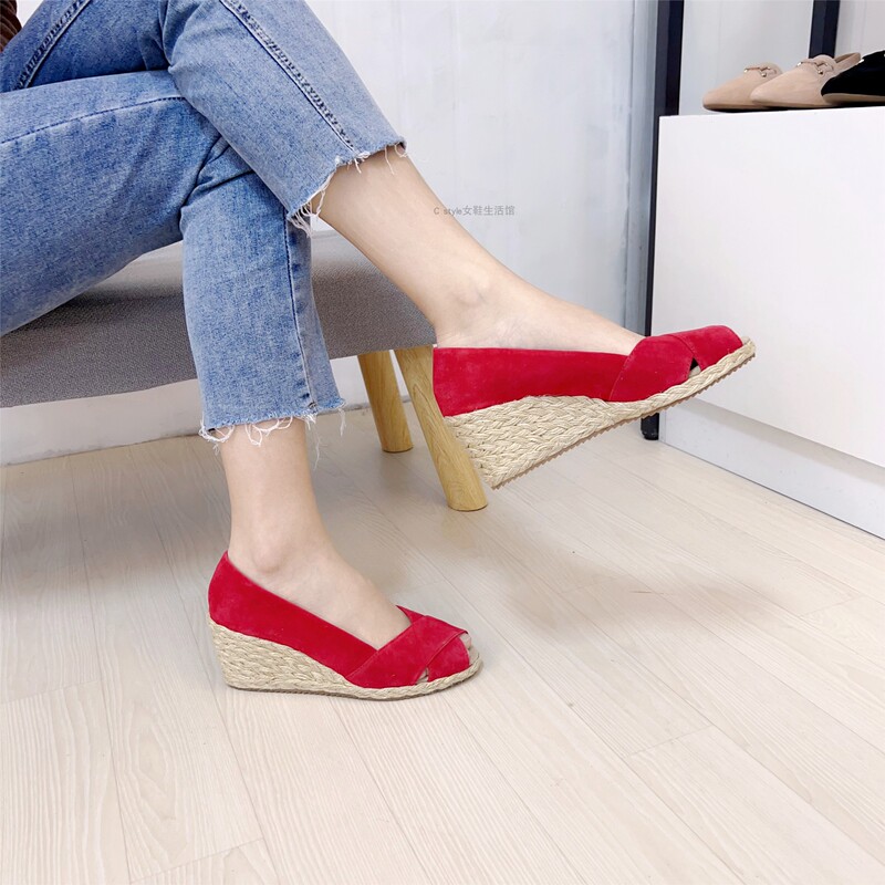 European and American Style Wedge Espadrilles for Women, Shallow Suede Peep-Toe Slip-On Retro Solid Color Casual High-Heeled Shoes European and American Style Wedge Espadrilles for Women, Shallow Suede Peep-Toe Slip-On Retro Solid Color Casual High-Heeled Shoes