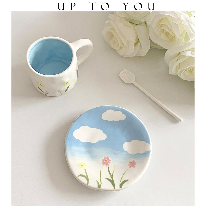 French-Style Blue Spring Cartoon Hand-Painted Ceramic Particularly Beautiful Coffee Cup and Saucer Afternoon Tea Snack Plate