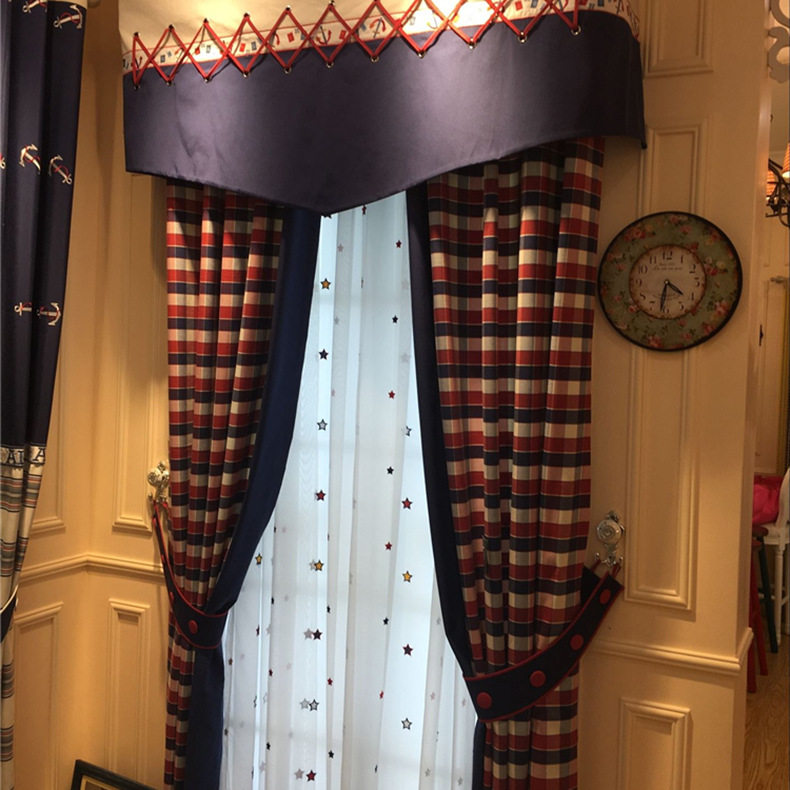 Cotton red and blue plate cloth Mediterranean pastoral style American children's room boy room bedroom window curtain