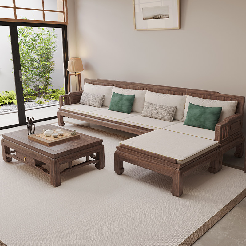 New Chinese Walnuts Wood Solid Wood Sofa Small Household Type Winter Summer Dual-use Corner Full Living Room Combined Pure Home Sofa-Taobao