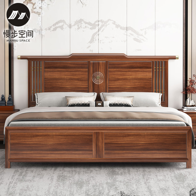 New Chinese solid wood bed 1 8 m Double large bed modern minimalist light luxury Chinese wind bedroom storage officer hat wedding bed