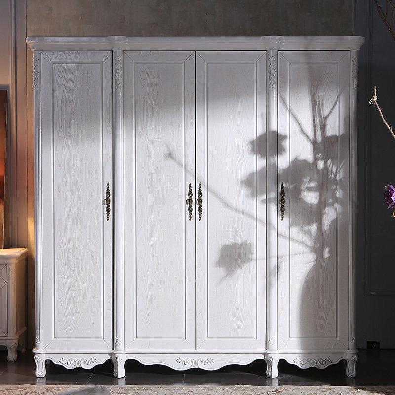 European-style furniture solid wood wardrobe antique American-style wardrobe white four-door overall storage wardrobe carved pastoral simplicity