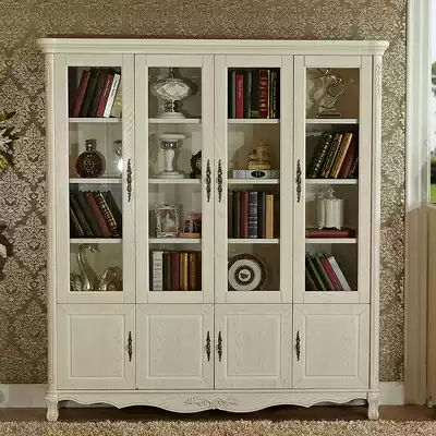 European white solid wood bookcase glass door storage cabinet home bookcase American bookshelf antique pastoral display cabinet