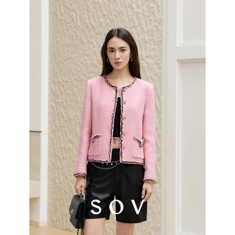 Sov "Barbie Tweed" British Imported Linton Ch Original Mulberry Silk Lining Round Neck Tweed Jacket