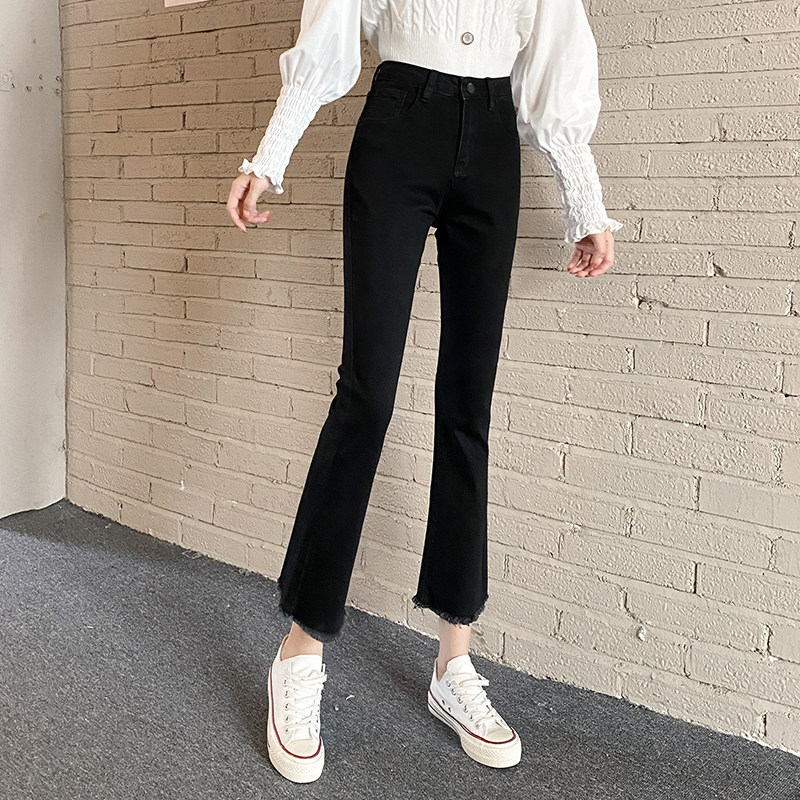 Xiaomi Bear 2022 Spring and Autumn New Jeans Women's High Waist Slim Black Plus Velvet Nine Points Micro-Flare Pants