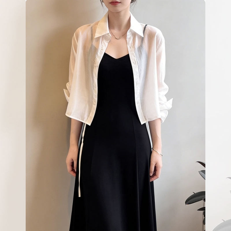 Chiffon White Thin Short Shirt for Petite People, New Summer Style, Paired with a Suspender Skirt and Worn with a Sun-Protective Cardigan Jacket