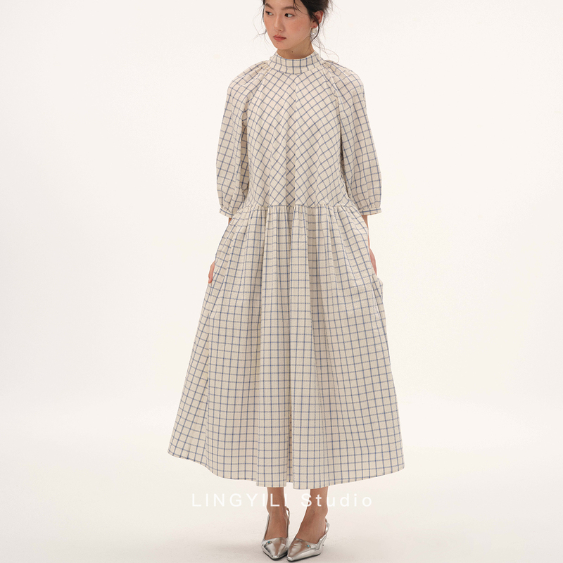 Lingyili 2026 Summer Series Puff Sleeve Plaid Puffy Dress