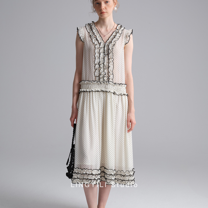 Lingyili Summer Series Black and White Polka Dot Ruffled Vintage French Sleeveless Chiffon Dress