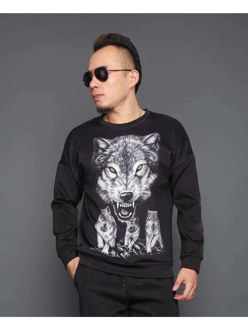 Động vật sói 3D mô hình sói đầu thủy triều thương hiệu nam in áo hoodie dài tay áo len cỡ lớn thả lỏng mùa xuân và mùa thu áo khoác nam có mũ
