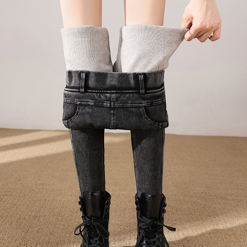 Denim Fleece-Lined Leggings for Women, Suitable for Outerwear in Autumn and Winter, Thickened Cotton Pants with High Waist, Stretchy, Smoky Gray, Elastic Waistband, Warm Pants