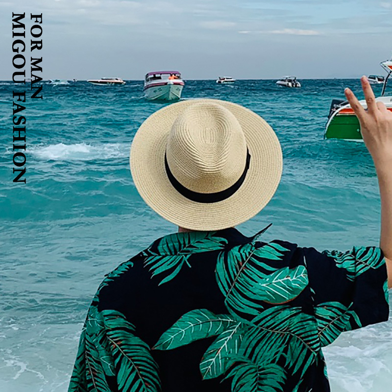 Men's Summer Trendy Travel Vacation Beach Wide-Brimmed Sun Protection Sun Hat Men's Sunshade Hat Panama Straw Hat Women