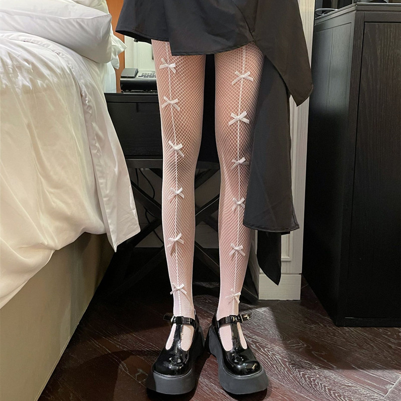 White pure desire style Lolita hollow bow fishnet socks dark black jk hot girl sexy big grid black silk