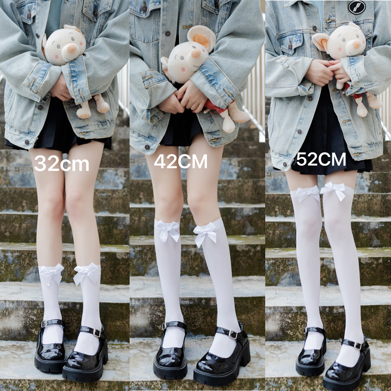 White bowknot velvet calf socks jk mid-tube black Lolita summer thin girl over-the-knee black silk half tube