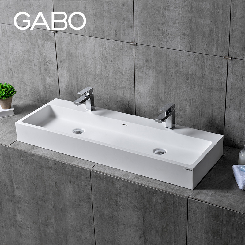 On the exhibition stage, the basin artificial stone art basin household wash basin 10147 wash basin square hanging wall bathroom double groove wash basin