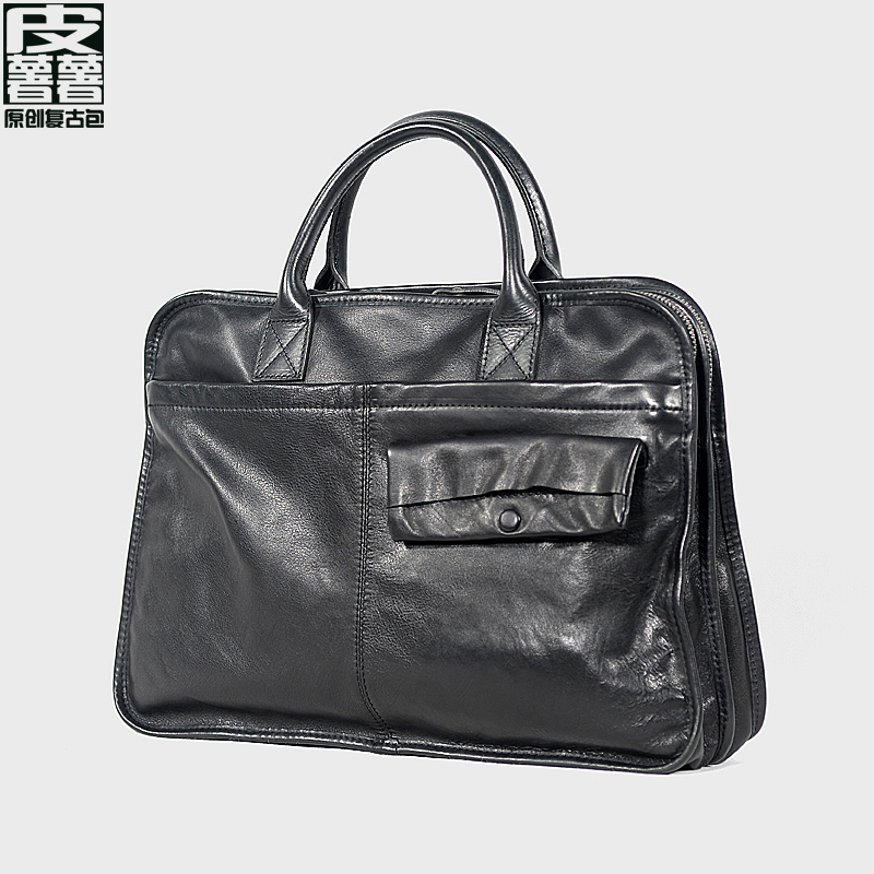 Young Minimalist Headlining Cow Leather Men's Bag Crosswalk Handbag Pure Leather Briefcase Business Computer Bag Skew Satchel-Taobao