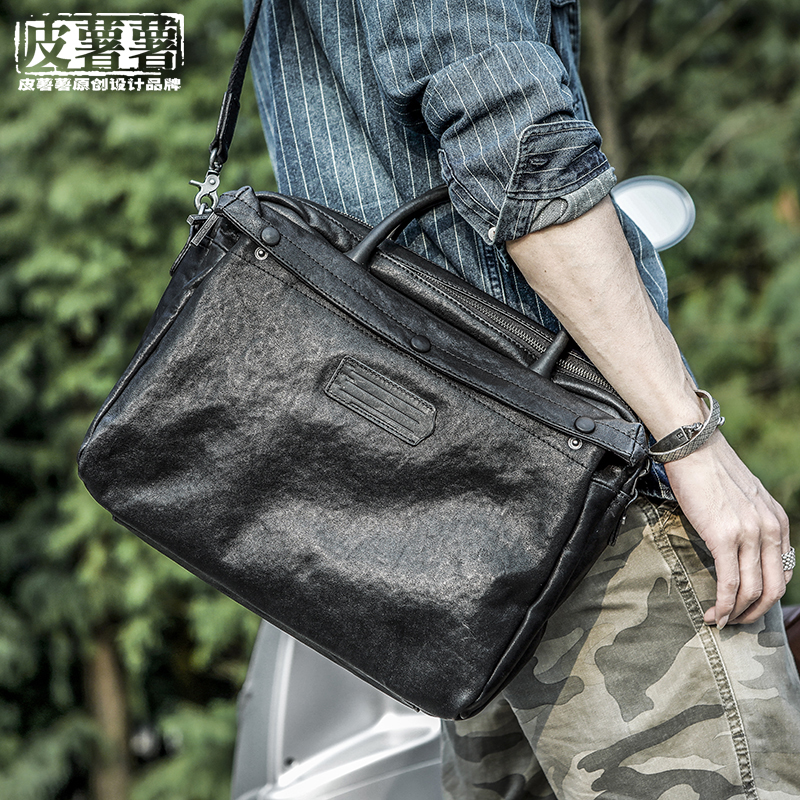 Business Casual Plant Tanning Cow Leather Briefcase Computer Bag Retro Black Handbag Man Fashion Single Shoulder Inclined Satchel Bag