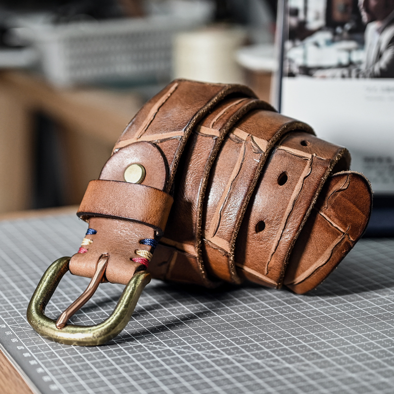 Copper buckle American retro belt Pure copper pin buckle belt First layer cowhide Men's leather old knife scar belt