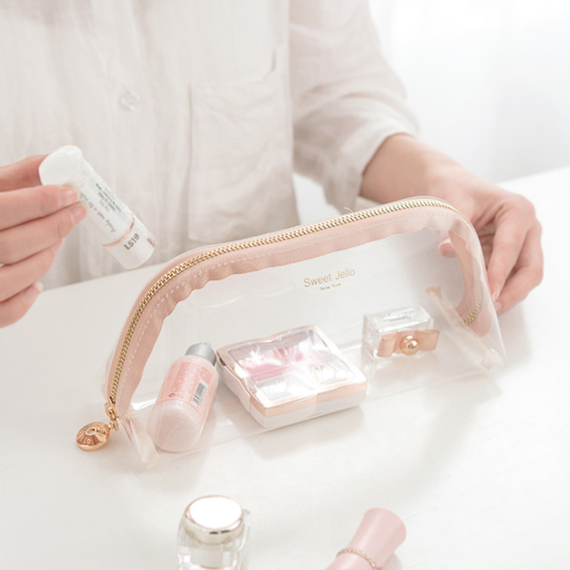 Clear Barn Flow Su Makeup Bag Transparent Ins Wind Girl Hearts Large Capacity Wash Containing Bag Korea Hand Held Jelly Bag
