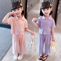 Girls short-sleeved suit 2022 summer fashion trendy childrens college style casual T-shirt all-match nine-point pants two-piece set