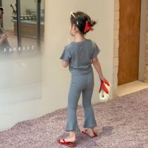 Girls Korean fan suit summer 2022 new little girl cotton two-piece baby short-sleeved top flared pants