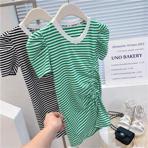 Children's clothing 2022 summer new girls Korean style foreign style long short-sleeved striped drawstring pleated puff sleeve dress