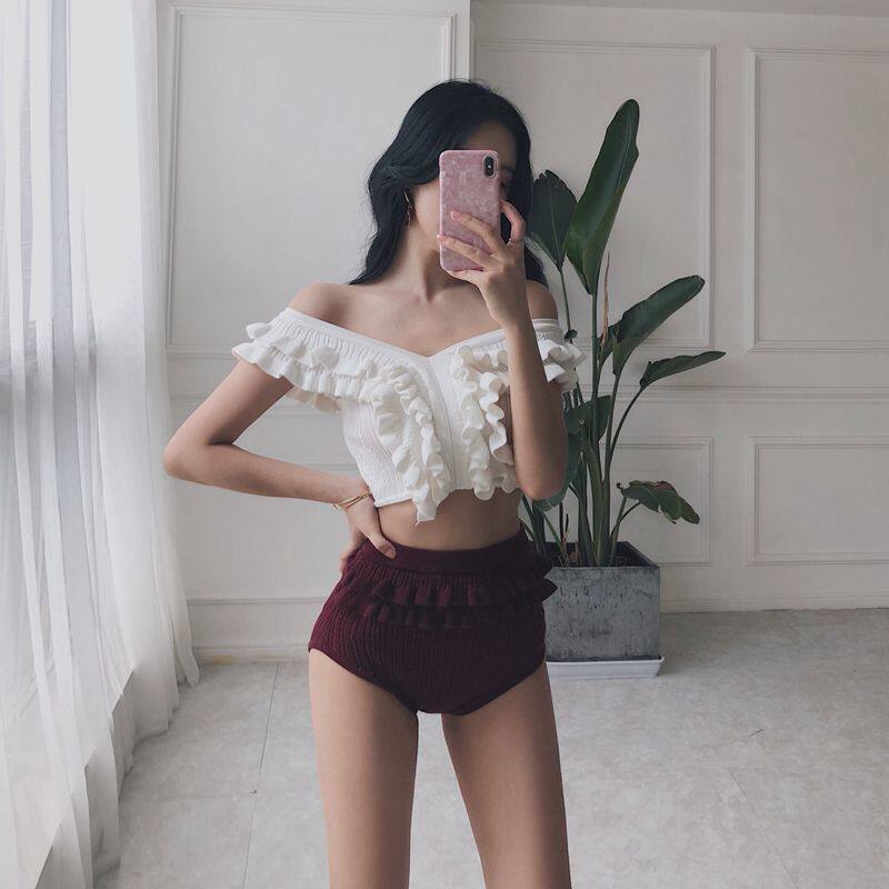 Korean knitted two-piece bikini three-piece swimsuit Women's small chest gathered steel tray hot spring swimming suit