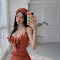 Dudu point Han Shang South Korea ins one-piece swimsuit female summer small chest gathered steel tray thin belly cover belly hot spring 2021 New