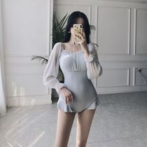 Dudu point Han Shang Fairy Fan Korea ins One-piece swimsuit Womens small breasts gather long sleeves thin belly cover hot spring swimsuit