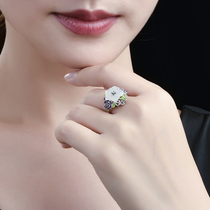 Very Tai S925 Silver Hetian Jade Peach Blossom Ring Female Simple Mori Cloisonne Opening Personality Ring Jewelry