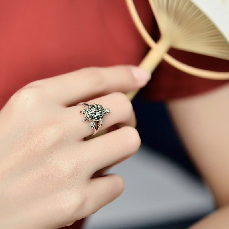 Very Thai S925 silver turtle ring female retro style cute personality food ring Thai silver jewelry can be active