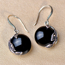 Very Thai-Chinese retro style S925 silver black agate flower earrings female long temperament earrings new fashion tide